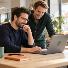 Due specialisti IT esaminano insieme un laptop dopo un aggiornamento di sicurezza completato.